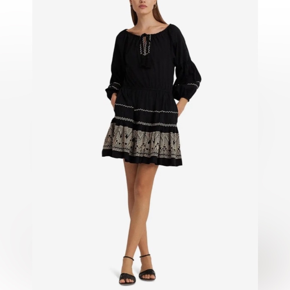 NWT LAUREN Ralph Lauren Embroidered Cotton Voile Dress Black, size 6